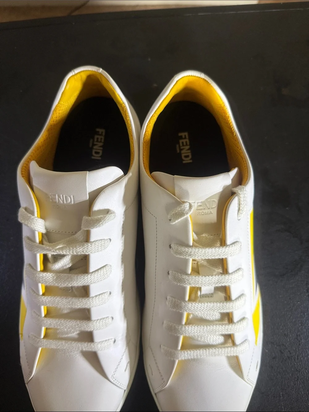 Fendi White Leather Low-Top Sneakers with Yellow and Black Graphic